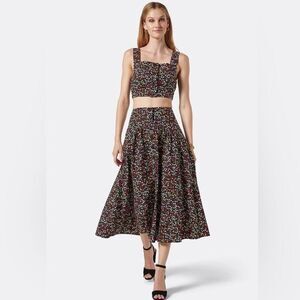 JOIE Button Front Black Floral Print Cotton‎ Midi Skirt Fit & Flare Size 14 New